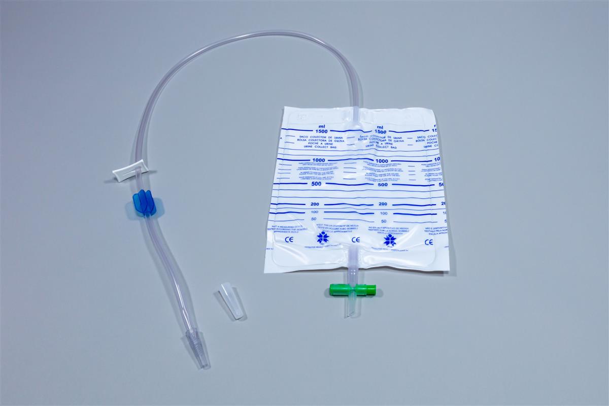 Urine collection bag with aseptic collection point, non-return valve and tap