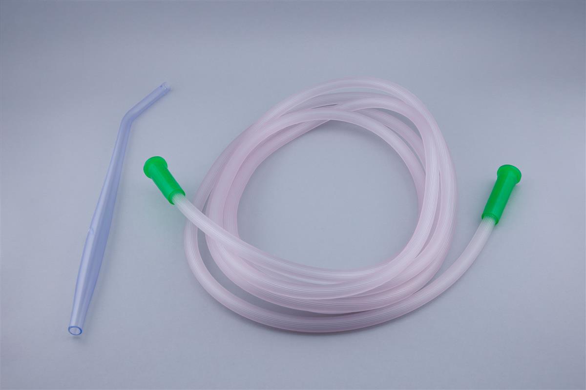 Normal Yankauer cannula with control and striped suction tube with green connectors