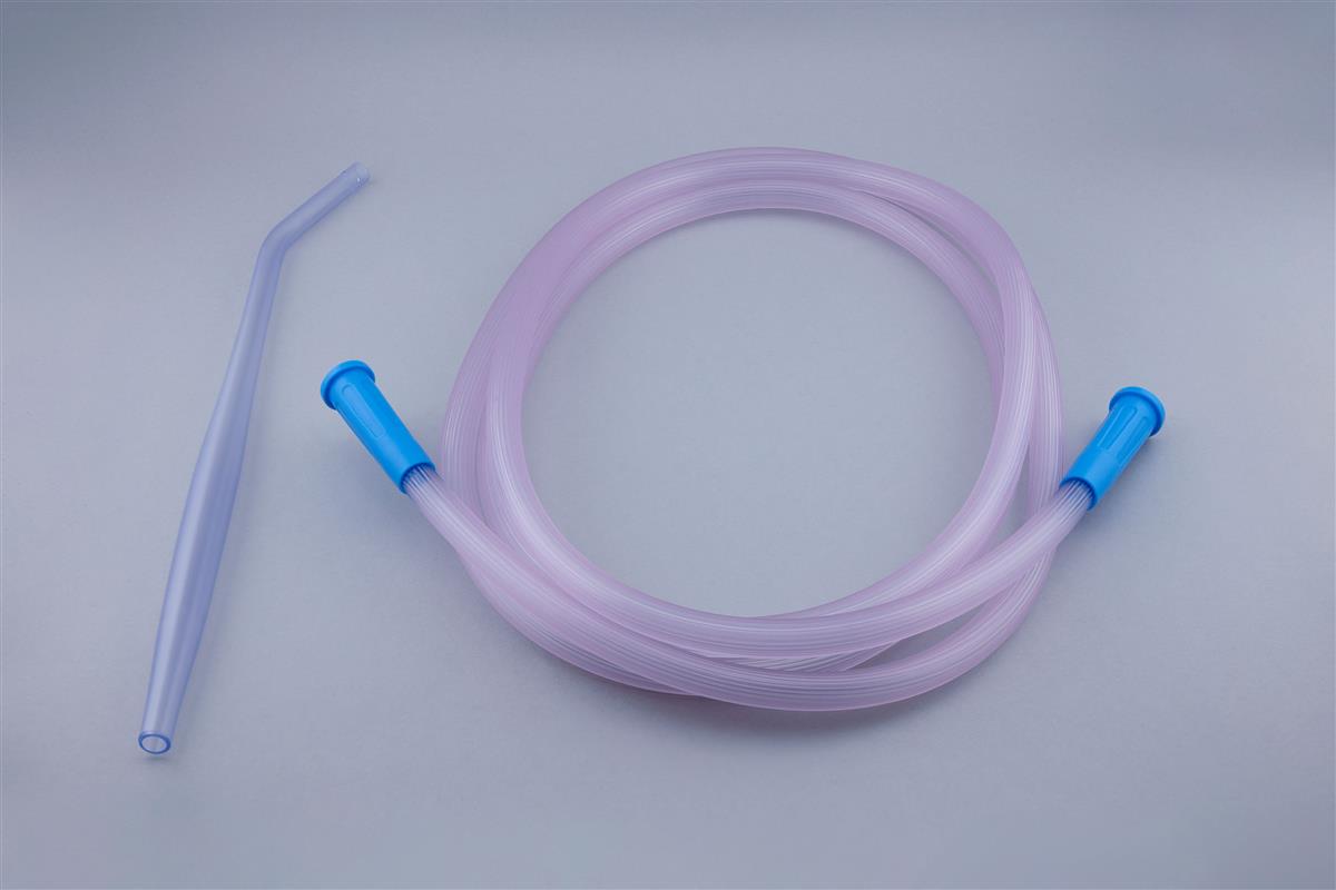 Standard Yankauer cannula and striped suction tube with blue connectors