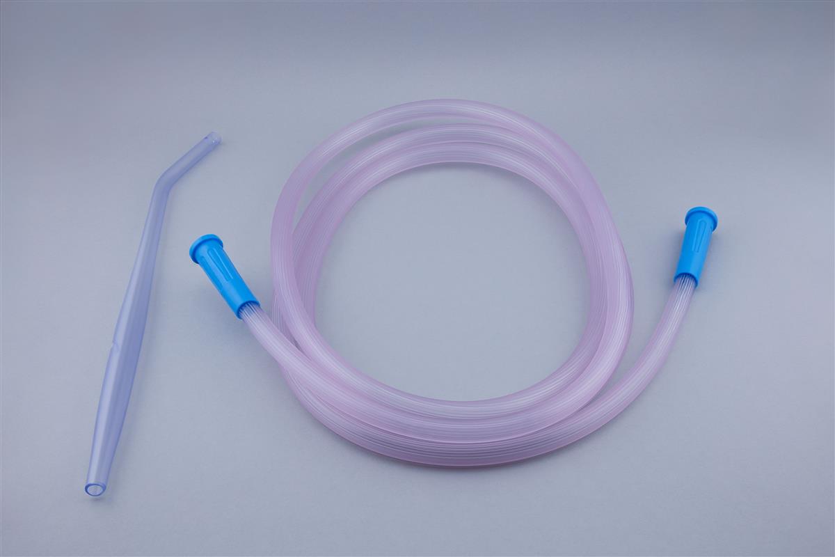 Extra wide Yankauer cannula and striped suction tube with blue connectors