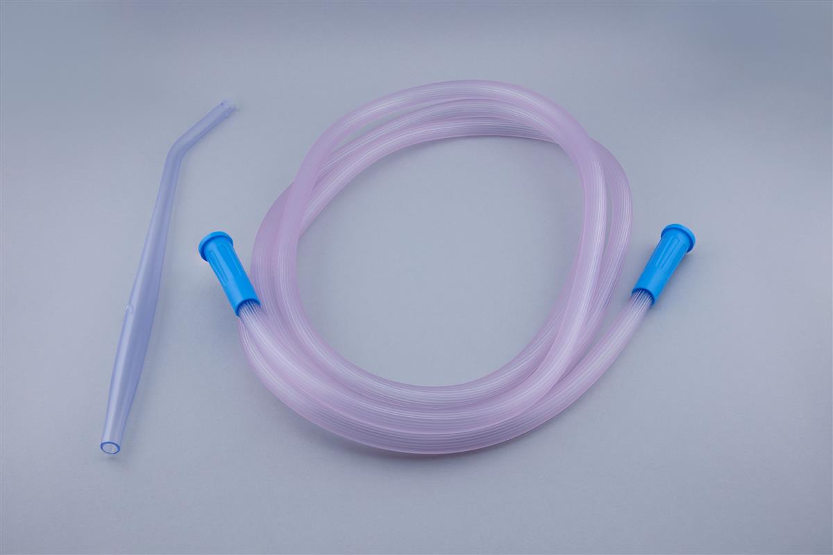 Normal Yankauer cannula with control and striped suction tube with blue connectors
