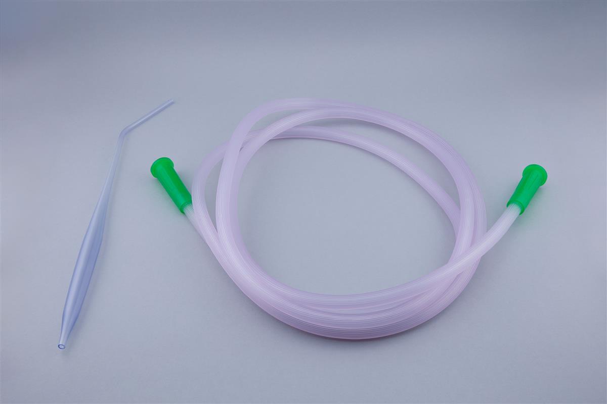 Thin Yankauer cannula and striped suction tube with green connectors